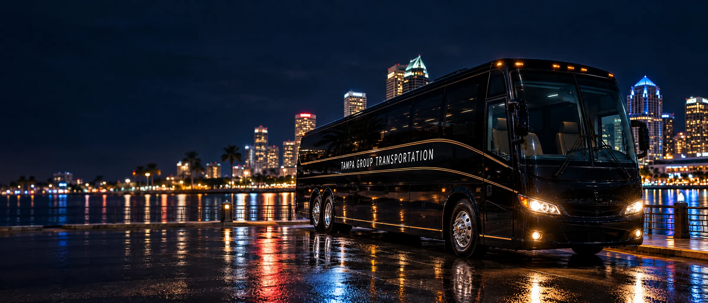 Black Tampa Group Transportation motorcoach at night on the Tampa waterfront