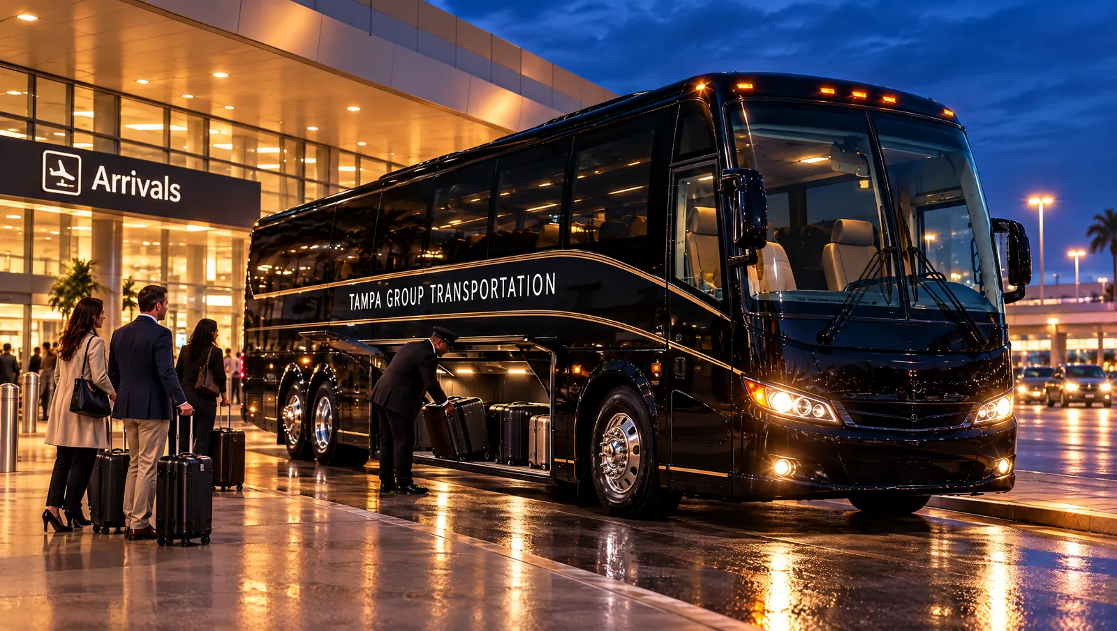 Chauffeur loading luggage into a Tampa Group Transportation motorcoach at airport arrivals